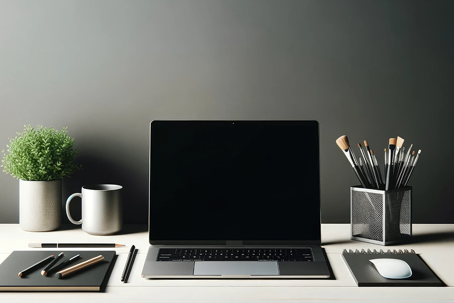 A neatly organized office desk with a laptop, plant, and stationary, embodying a clean and modern work environment in St. Louis, MO.