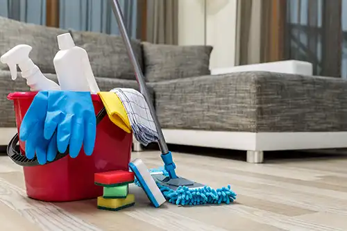 Golden Rule Cleaning & More—Cleaning supplies from a professional cleaning service sit on the floor of a St. Louis, MO home, including a red bucket, sponges, gloves, cleaning bottles, and a mop.