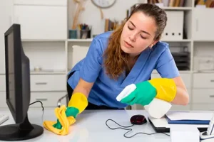 Golden Rule Cleaning & More—Young cleaning woman using a spray bottle and rag to clean an office space in St. Louis, MO.