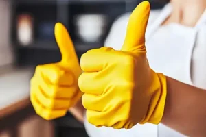 Golden Rule Cleaning & More—A skilled residential cleaner with yellow gloves, giving a double thumbs up after finishing a professional home cleaning in St. Louis, MO.