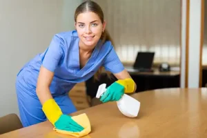 Golden Rule Cleaning & More—A young cleaning woman uses a spray bottle and rag to clean a meeting table in an office building in St. Louis, MO.